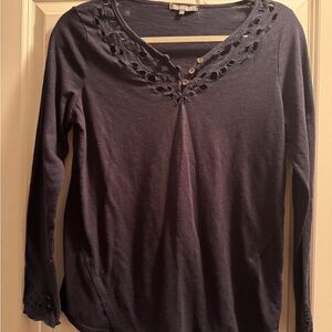 Navy Long-Sleeve Knit Top with Cutout Neckline